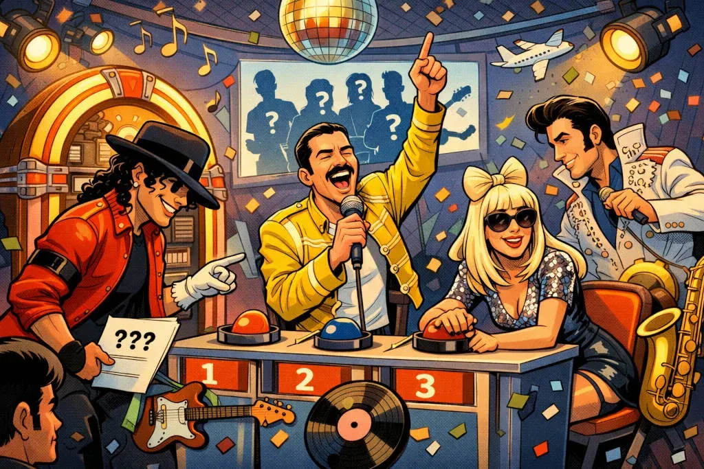 A colorful music-themed collage representing pop eras and quiz topics.