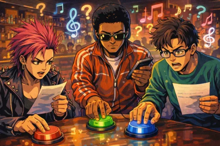 A colorful music-themed collage representing pop eras and quiz topics.